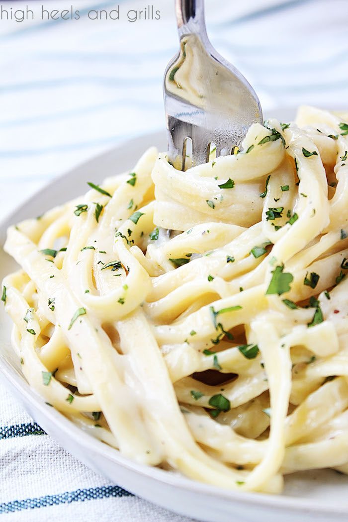 Skinny Alfredo Sauce - Fork twisted in noodles