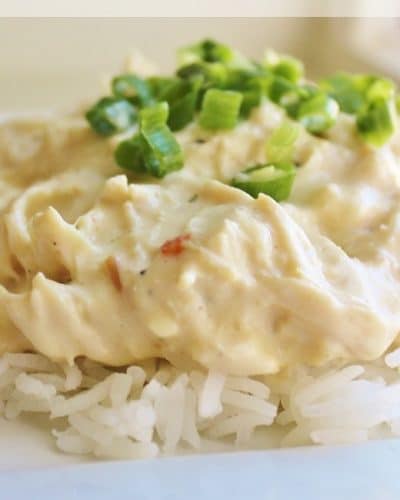 Plate of Italian Crockpot Chicken served over rice with green onions on top.