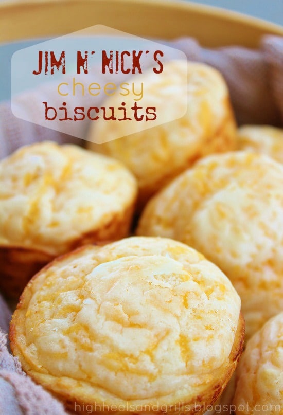 Up close image of a basket full of Jim 'N Nick's Cheesy Biscuits.