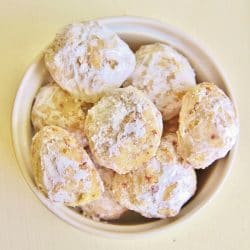 Overhead view of a bowl of pecan balls