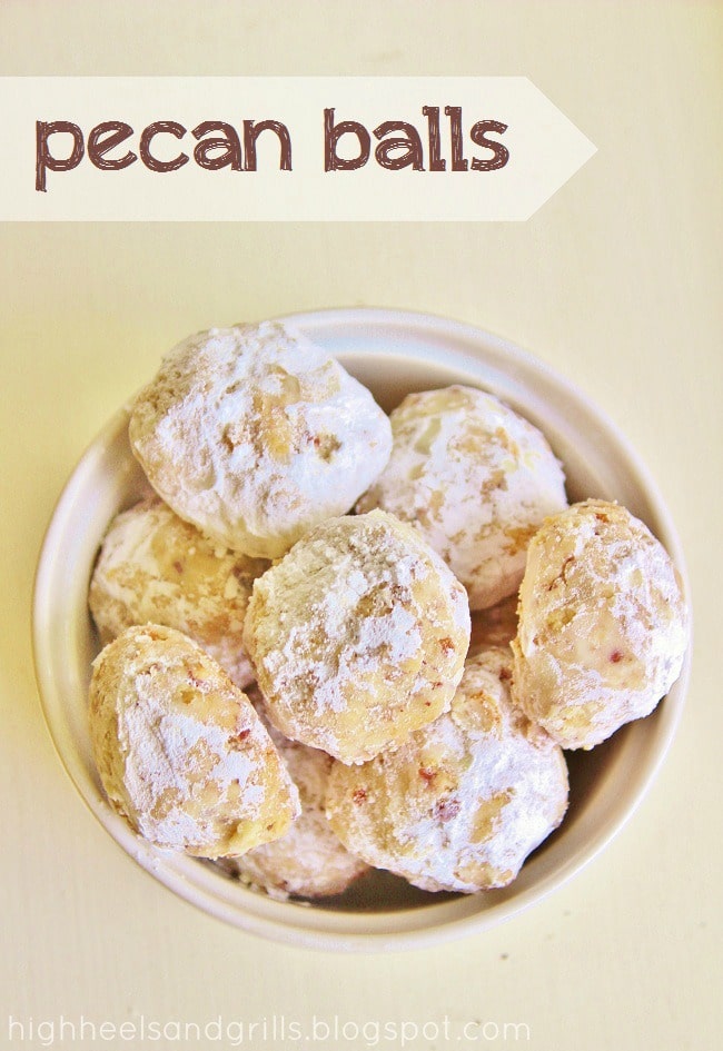 Overhead view of a bowl of pecan balls