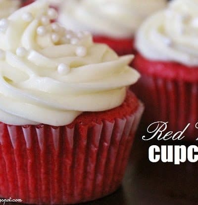 Red Velvet Cupcakes with Cream Cheese Frosting and Pearl Sprinkles