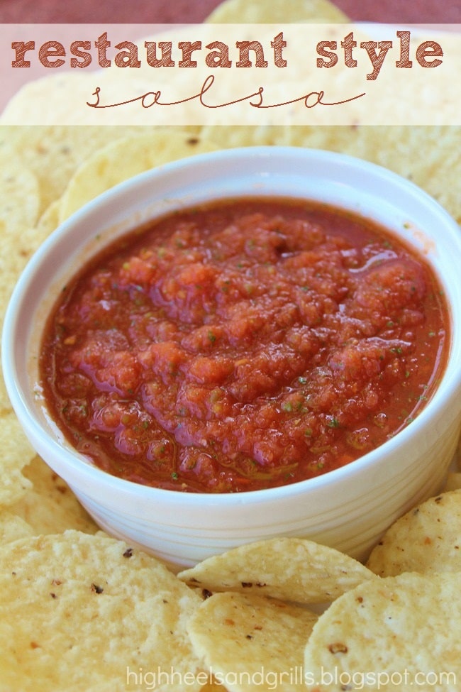 Bowl of restaurant style salsa with chips surrounding it