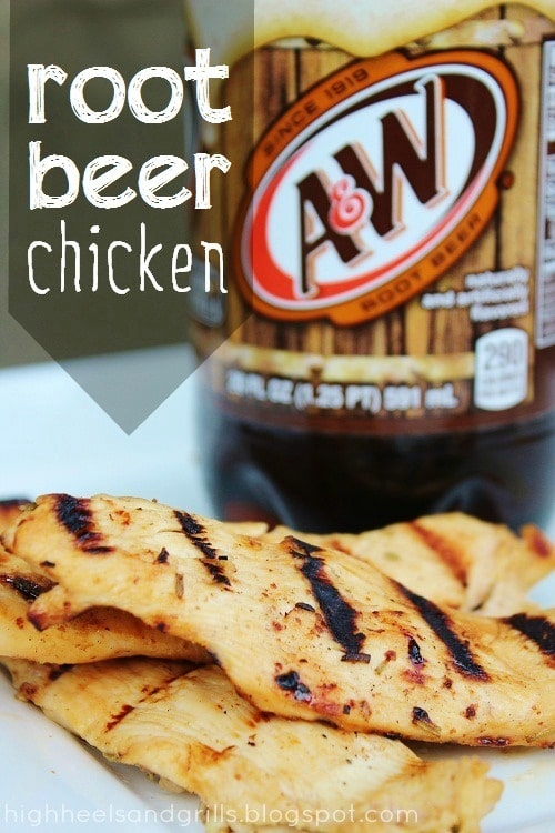 Three root beer chicken breasts on a plate with a liter of root beer in the background