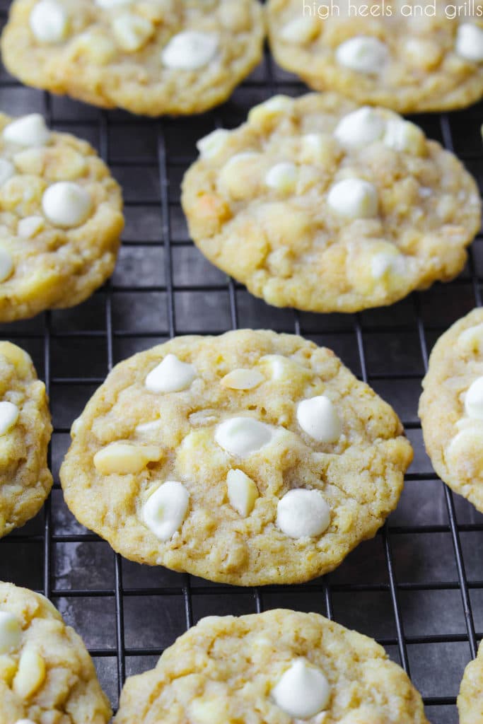 Cooling rack of White Chocolate Chip Macadamia Nut Cookies