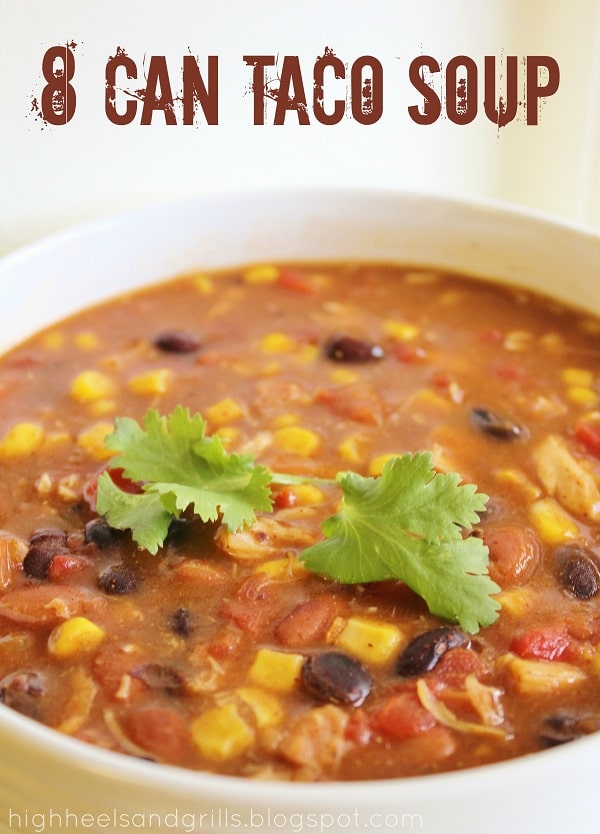 Up close view of a bowl of 8 Can Chicken Taco Soup with cilantro as garnish.