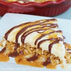 Slice of Chocolate Caramel Ice Cream Pie on a plate.