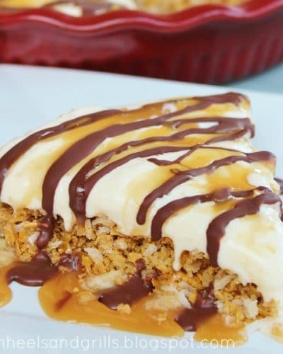 Slice of Chocolate Caramel Ice Cream Pie on a plate.