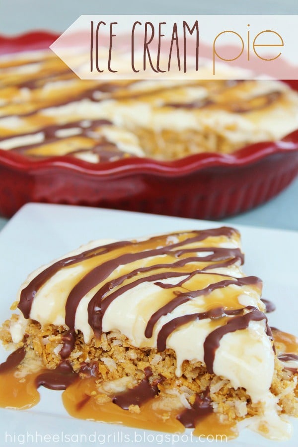 Slice of Chocolate Caramel Ice Cream Pie on a plate.