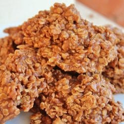 Chocolate Peanut Butter No Bake Cookies stacked up on a plate.