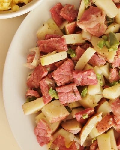 Top view of a plate of Corned Beef Hash