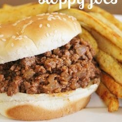 Favorite Sloppy Joe Mix between a bun with fries on the side.