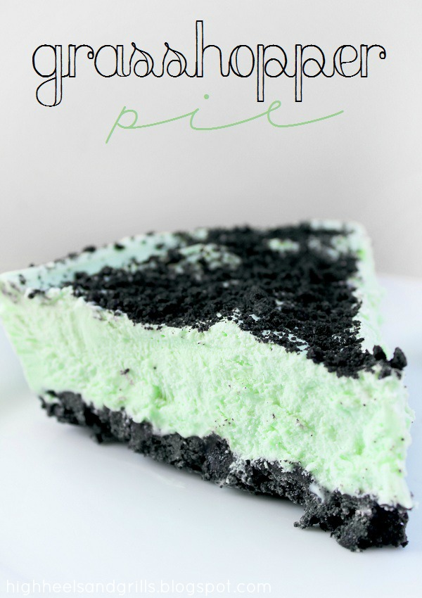 Slice of Grasshopper Pie on a plate.Grasshopper Pie text at the top in embellished font.