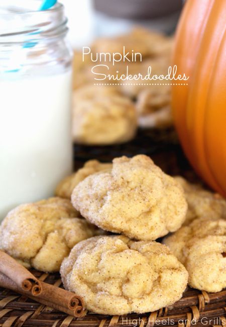 Old photo of a stack of pumpkin snickerdoodles. Milk and cinnamon sticks on the left, pumpkin on the right.