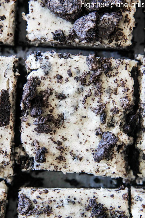 Oreo Cheesecake Bars - Top view of a pan of Oreo cheesecake bars.