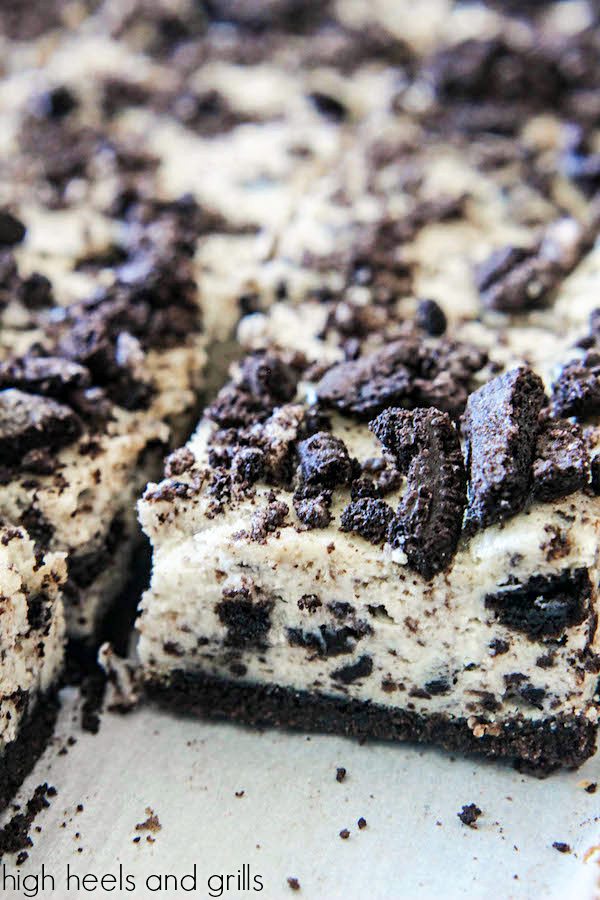 Oreo Cheesecake Bars - Cut out view of a pan of Oreo Cheesecake Bars