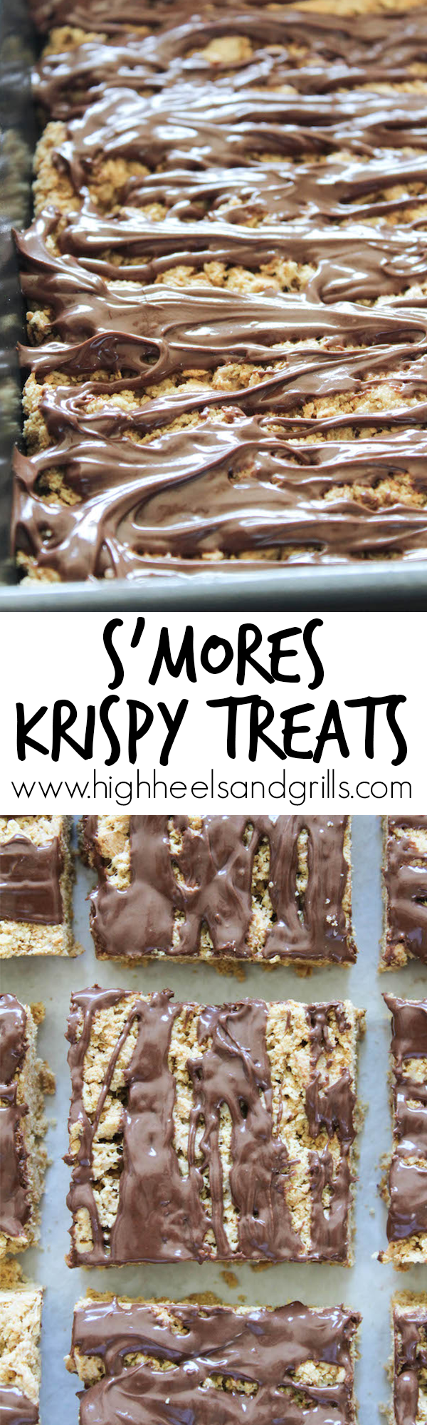 Smores Krispy Treats Recipe - Made from graham cracker crumbs instead of cereal. They taste just like a smore! Such a fun and easy, no bake, summer treat. https://www.highheelsandgrills.com/smores-krispy-treats/