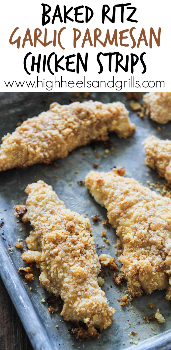 Baked Ritz Garlic Parmesan Chicken Strips - Dipped in yogurt, smothered in Ritz cracker crumbs mixed with garlic salt and parmesan, and drizzled over with butter. Yummy and easy dinner recipe! https://www.highheelsandgrills.com/baked-ritz-garlic-parmesan-chicken-strips-recipe