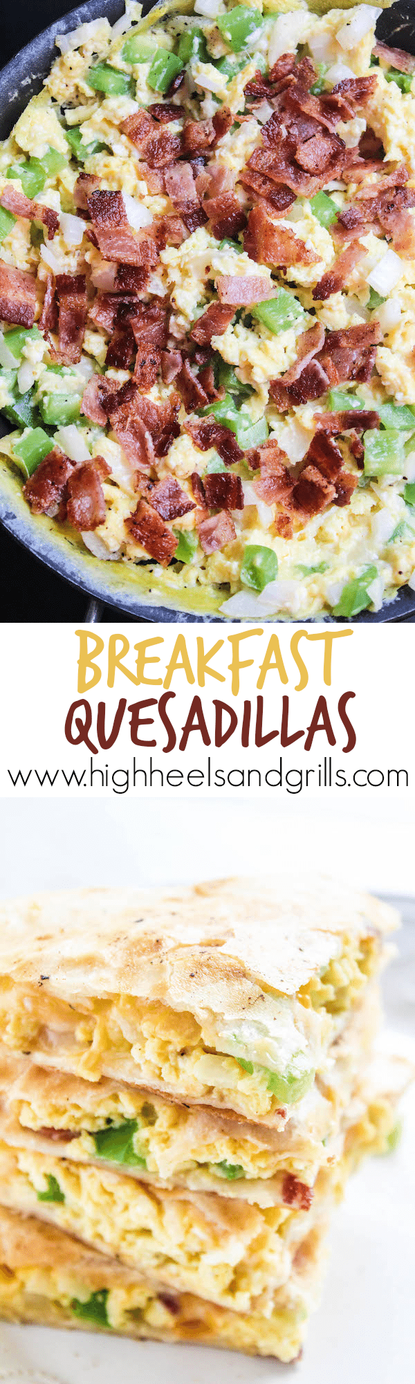 Breakfast Quesadillas - Egg, bacon, peppers, onion, and cheese smothered between two crisp tortillas. Makes for an amazing and quick breakfast!