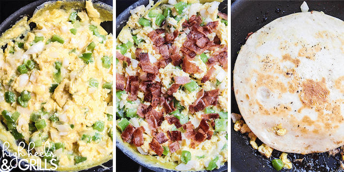 Breakfast Quesadillas - Egg, bacon, peppers, onion, and cheese smothered between two crisp tortillas. Makes for an amazing and quick breakfast!