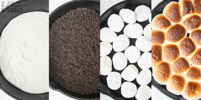 Cookies and Cream Smores Dip - Melted white chocolate chips, crushed Oreos, and toasted marshmallows. Dip with graham crackers to fully enjoy this amazing dessert! https://www.highheelsandgrills.com/cookies-and-cream-smores-dip/