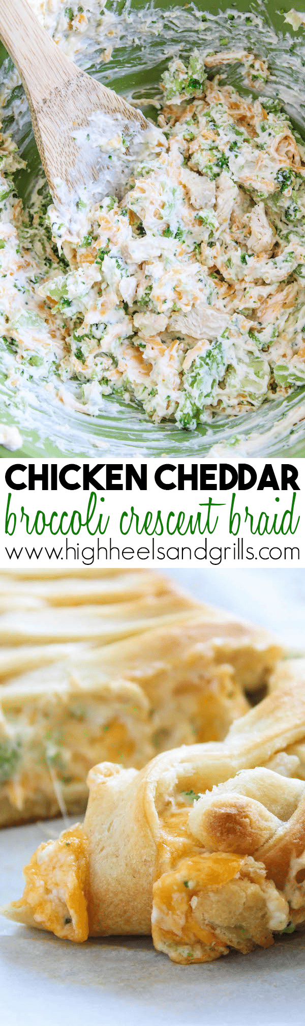 Chicken Cheddar Broccoli Crescent Braid - Cream cheese, chicken, cheddar, and broccoli stuffed into a beautiful crescent braid. {Which looks more intimidating than it really is} This is a dinner favorite for sure!