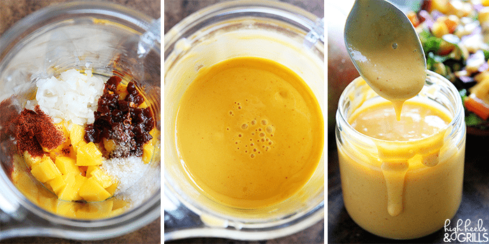 This Creamy Mango Chipotle Salad Dressing is zingy and sweet, with a spicy kick. It is a great addition to any salad and takes minutes to make in your blender!