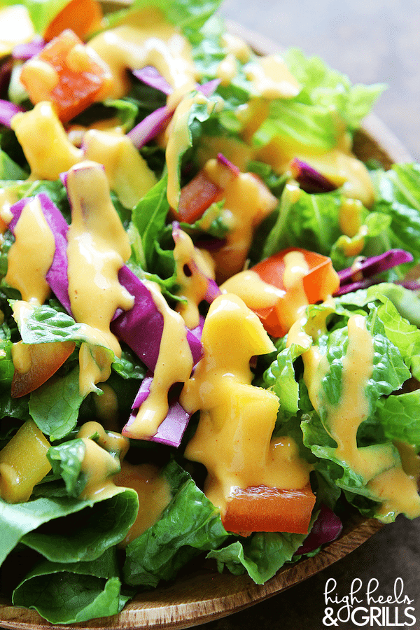 This Creamy Mango Chipotle Salad Dressing is zingy and sweet, with a spicy kick. It is a great addition to any salad and takes minutes to make in your blender!