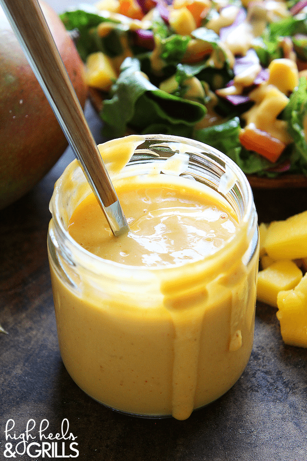 This Creamy Mango Chipotle Salad Dressing is zingy and sweet, with a spicy kick. It is a great addition to any salad and takes minutes to make in your blender!