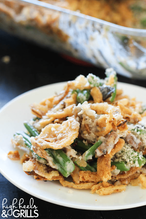 Small plate of Green Bean Casserole from Scratch with whole dish in the background.