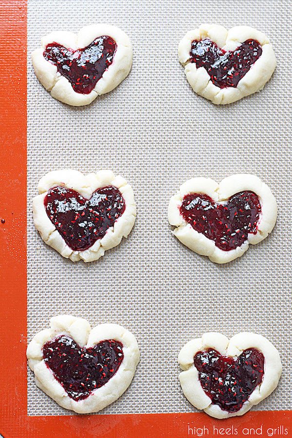 Raspberry Thumbprint Heart Cookies - High Heels and Grills