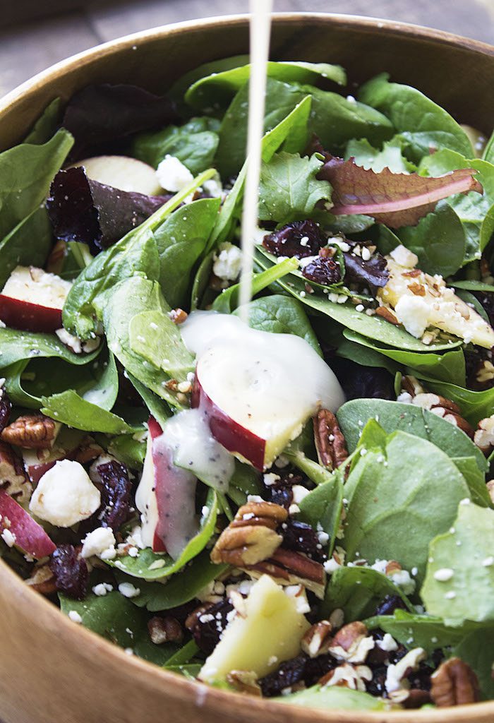 Apple Cranberry Feta Pecan Salad with Poppyseed Dressing. Thanksgiving side dish.