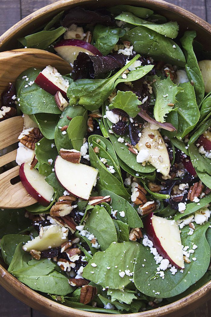 Top view of Apple Cranberry Feta Pecan Salad in a bowl. Thanksgiving side dish.