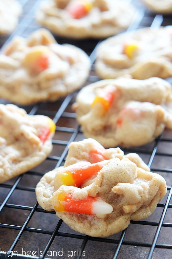 Candy Corn Chow Mein Cookies cooling on cookie rack.
