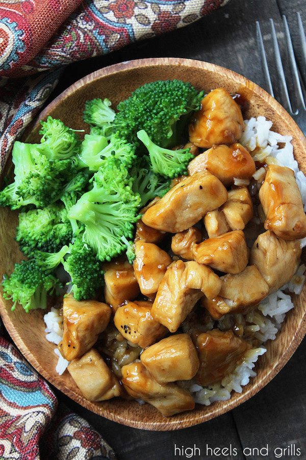 Aerial view of Easy Chicken Teriyaki on top of rice with broccoli.