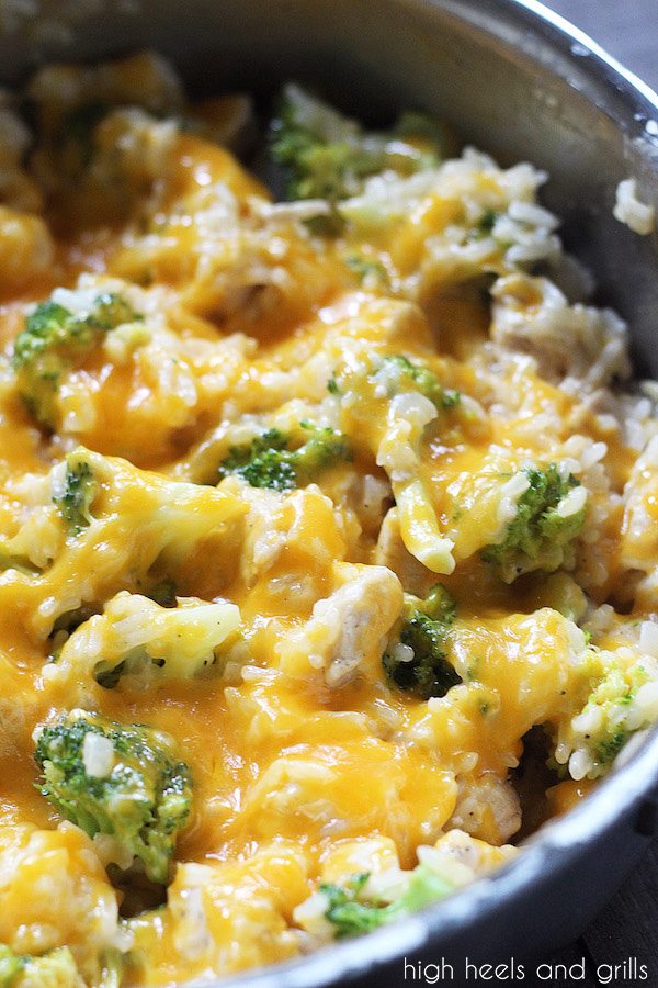 Close up of One Pan Cheesy Chicken Broccoli Rice Casserole, made on the stovetop.
