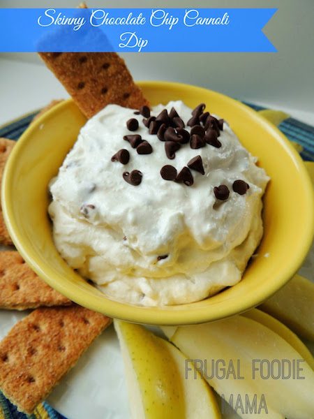Bowl of Skinny Chocolate Chip Cannoli Dip with dippers - Best Skinny Dessert Recipes