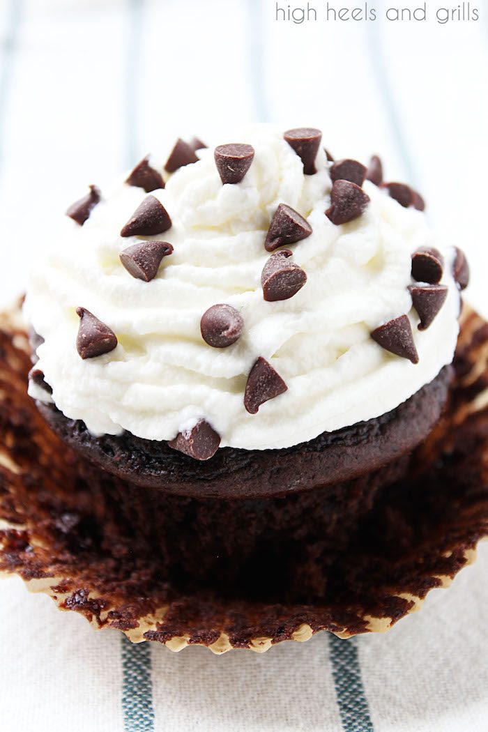 Skinny Chocolate Cupcakes - single cupcake with whipped cream and chocolate chips on top.