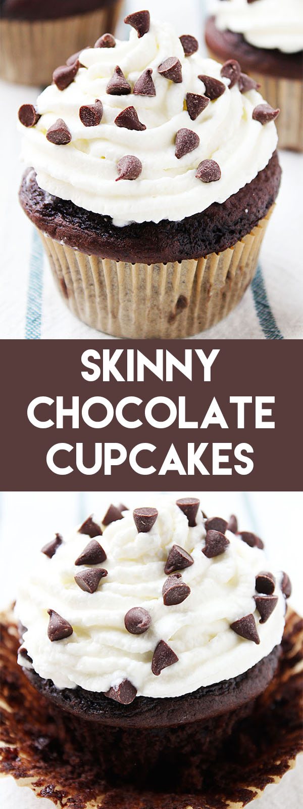 These Skinny Chocolate Cupcakes are lower in calories than most cupcakes and taste amazing! They're my favorite dessert when trying to eat healthier. #healthydessert #skinnydessert #dessert #chocolate #yogurt #cupcake #cake #skinnycake