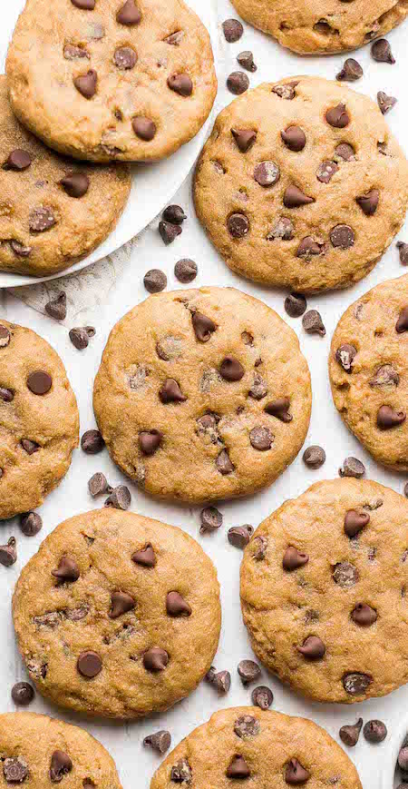 Top view of a batch of Skinny Banana Chocolate Chip Cookies - Best Skinny Dessert Recipes