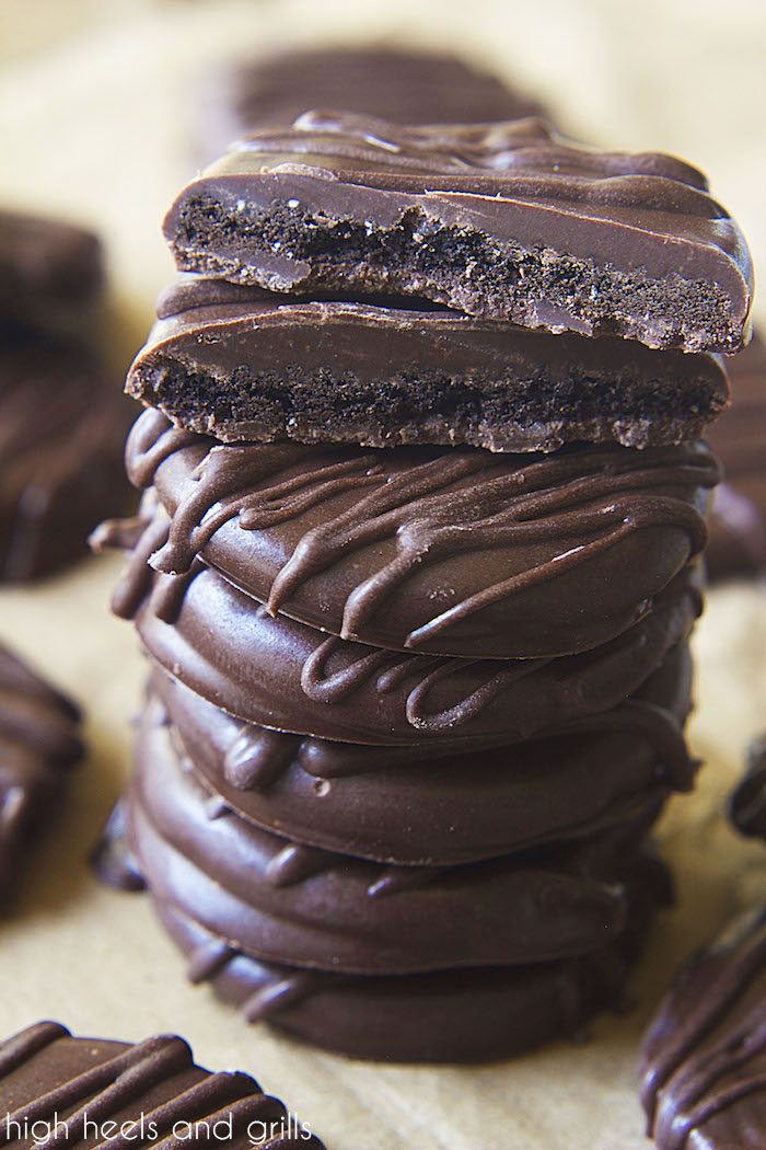 Stack of Homemade Thin Mints with top one cut in half - High Heels and Grills