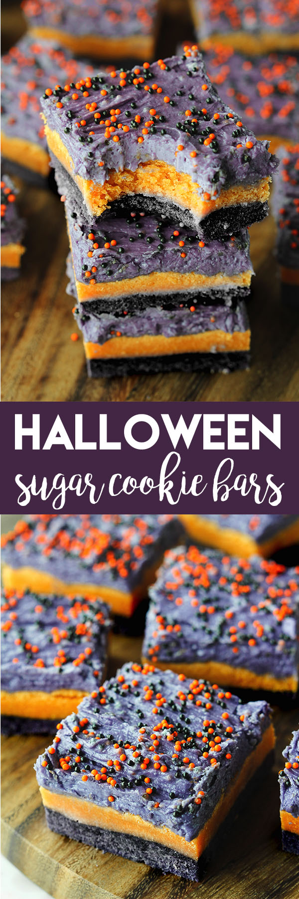 If you need an easy Halloween treat idea, make these Halloween Sugar Cookies Bars! They are so festive, but take such little effort. They would be great for school Halloween treats! #halloween #halloweenfood #halloweendessert #halloweendesserts #halloweenfoodideas #halloweentreats #halloweenrecipe #halloweenrecipes