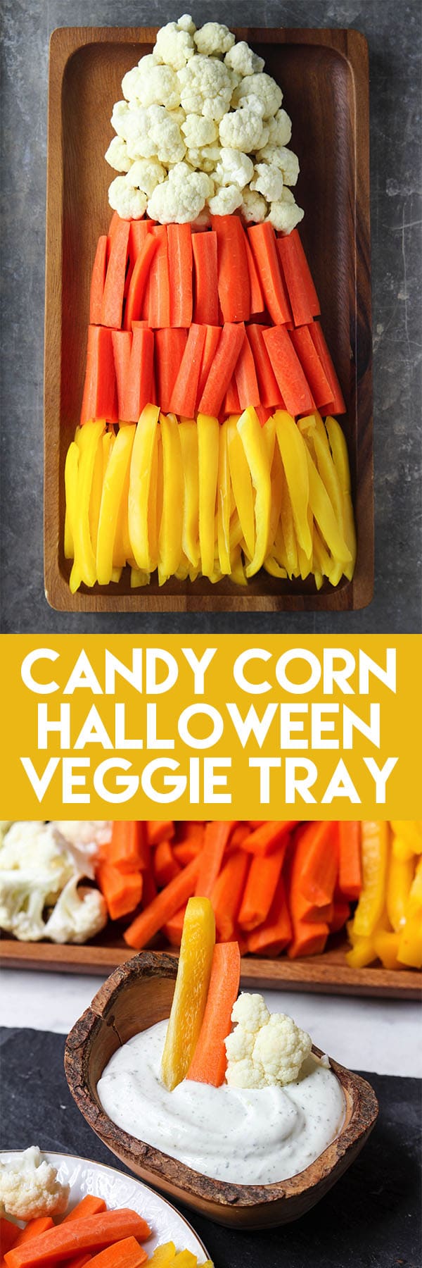 This Candy Corn Halloween Veggie Tray is such a fun option for a healthy Halloween treat! Add a bowl of dip and you have yourself a super easy Halloween party food! #halloweenfood #halloweenpartyfood #halloweenveggietray #healthyhalloweenfood
