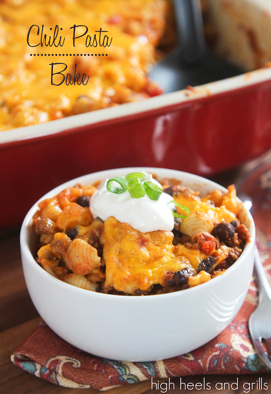 Chili Pasta Bake in a bowl served with sour cream 