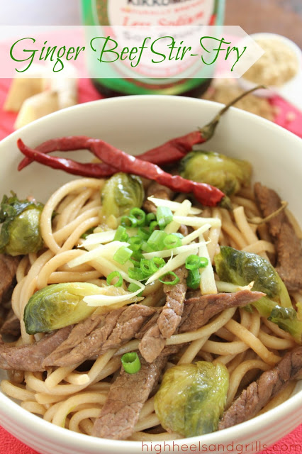 Ginger Beef Stir Fry in a bowl, served over Udon noodles.