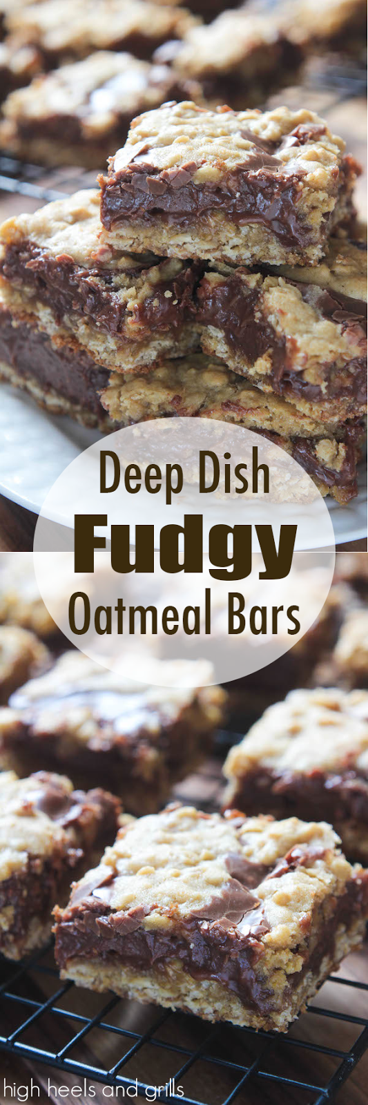 These Deep Dish Fudgy Oatmeal Bars have a fudge center, sandwiched between two oatmeal layers. They taste incredible and have an amazing texture! They're one of my top five favorite desserts I've ever had.